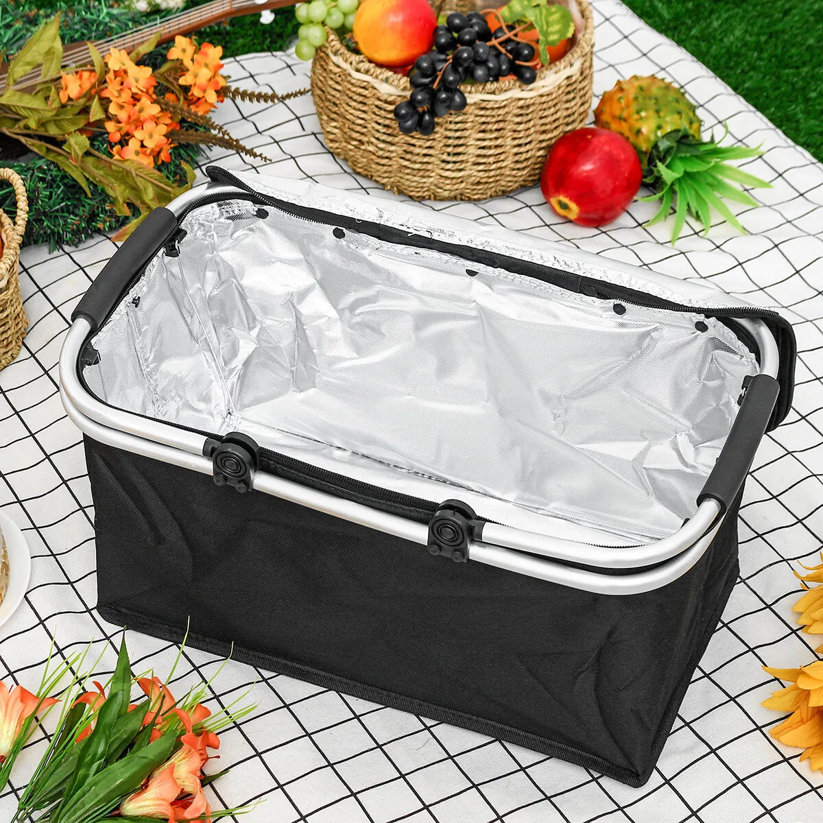 30L Upgraded Picnic Basket Insulated Cooler Storage Basket Folding Picnic Bag Picnic Basket Foldable Picnic Bag Outdoor Camping Panic Heat & Cool Insulation Oxford Cloth 18''11''9.4''