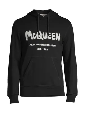 Alexander McQueen Grafiti Logo Printed Drawstring Hoodie Black