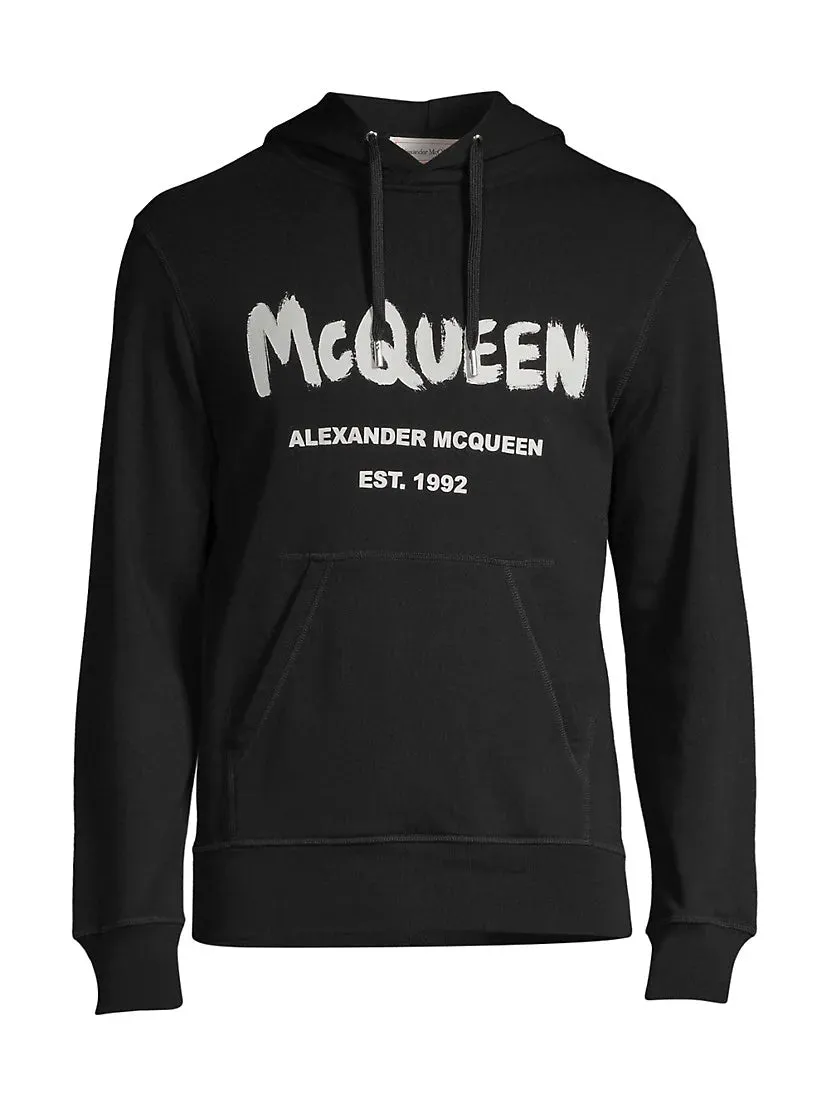 Alexander McQueen Grafiti Logo Printed Drawstring Hoodie Black