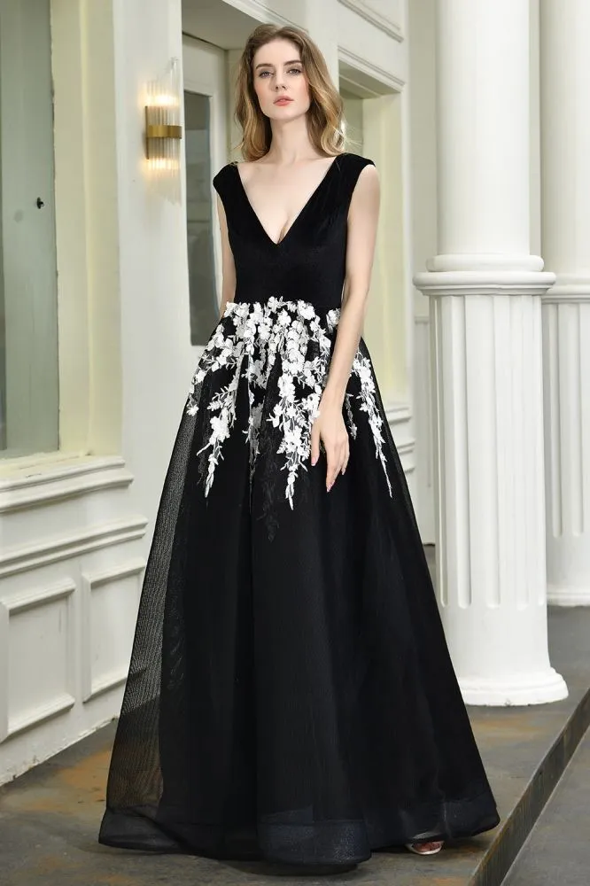 Attractive Black V-neck Aline Prom Dress White Floral Appliques Tulle Party Dress