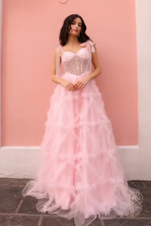 Beaded Sleeveless Corset Ruffled Dress_T1340