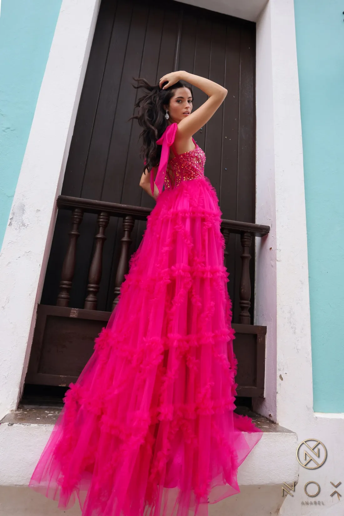 Beaded Sleeveless Corset Ruffled Dress_T1340