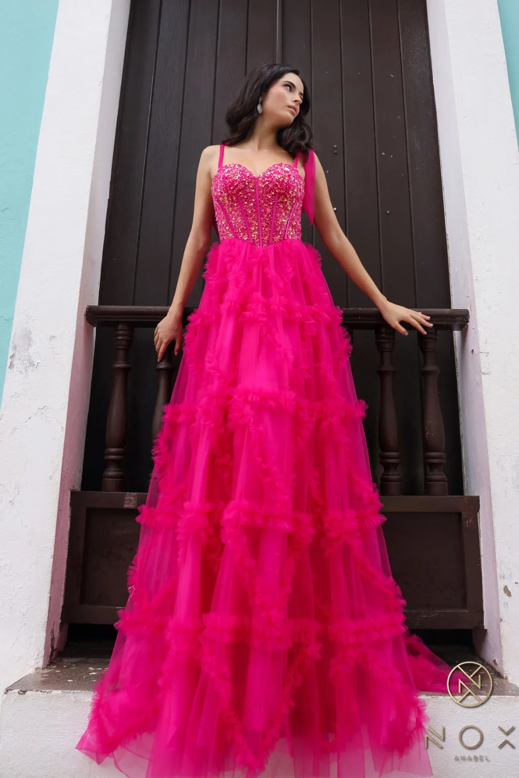 Beaded Sleeveless Corset Ruffled Dress_T1340