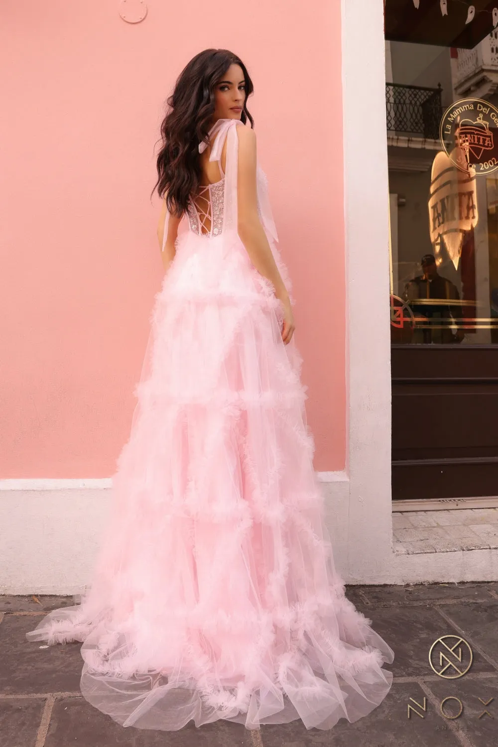 Beaded Sleeveless Corset Ruffled Dress_T1340