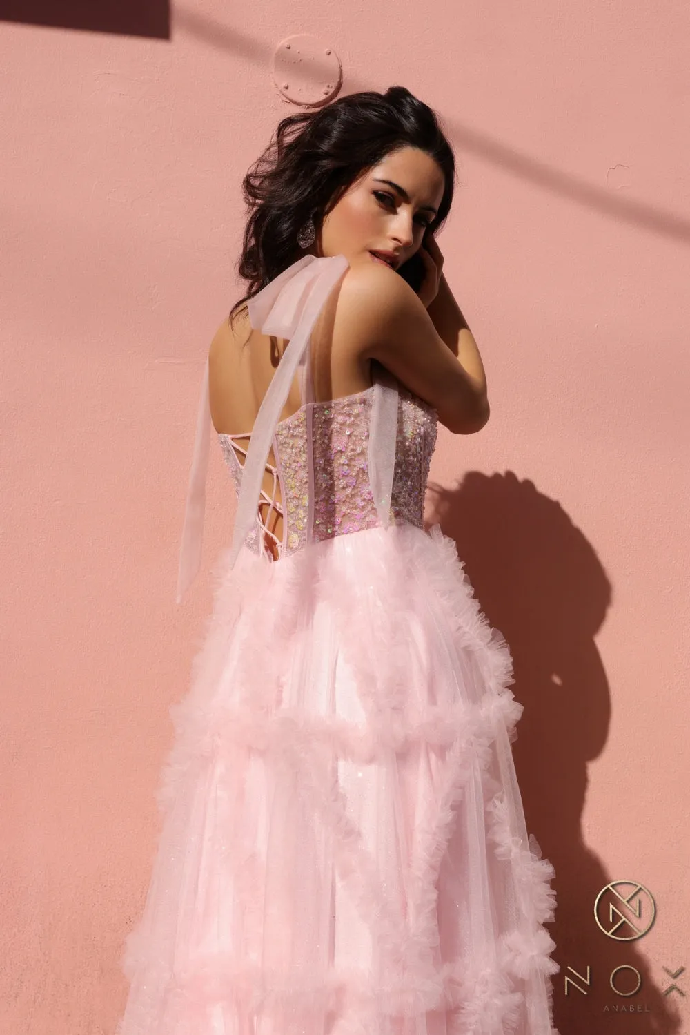 Beaded Sleeveless Corset Ruffled Dress_T1340