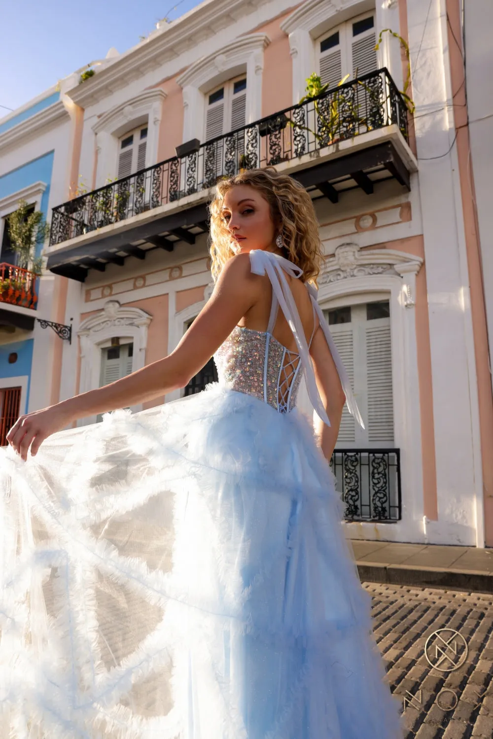 Beaded Sleeveless Corset Ruffled Dress_T1340