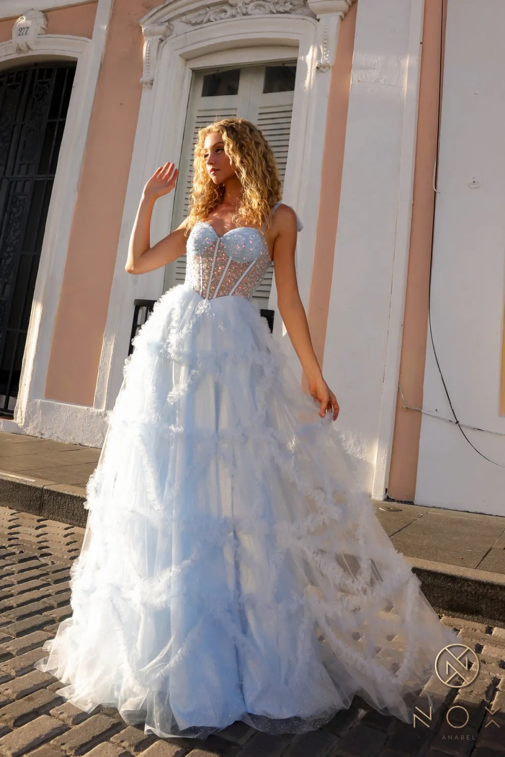 Beaded Sleeveless Corset Ruffled Dress_T1340