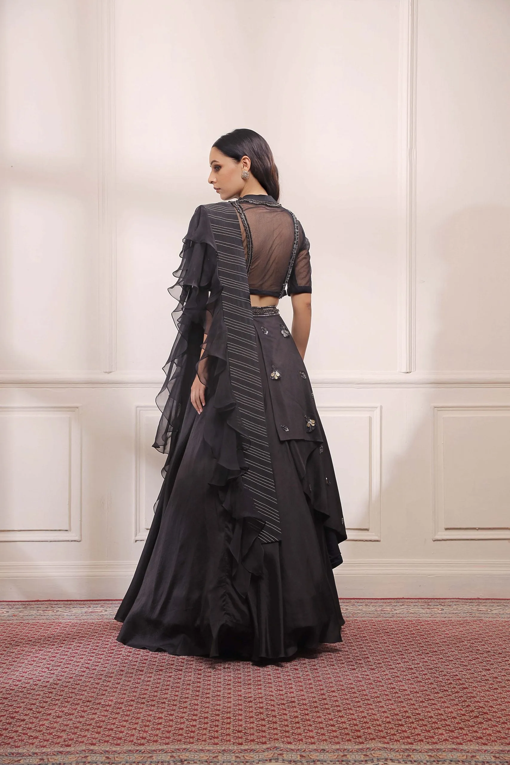 Black onyx layered lehenga set  with ruffle dupatta
