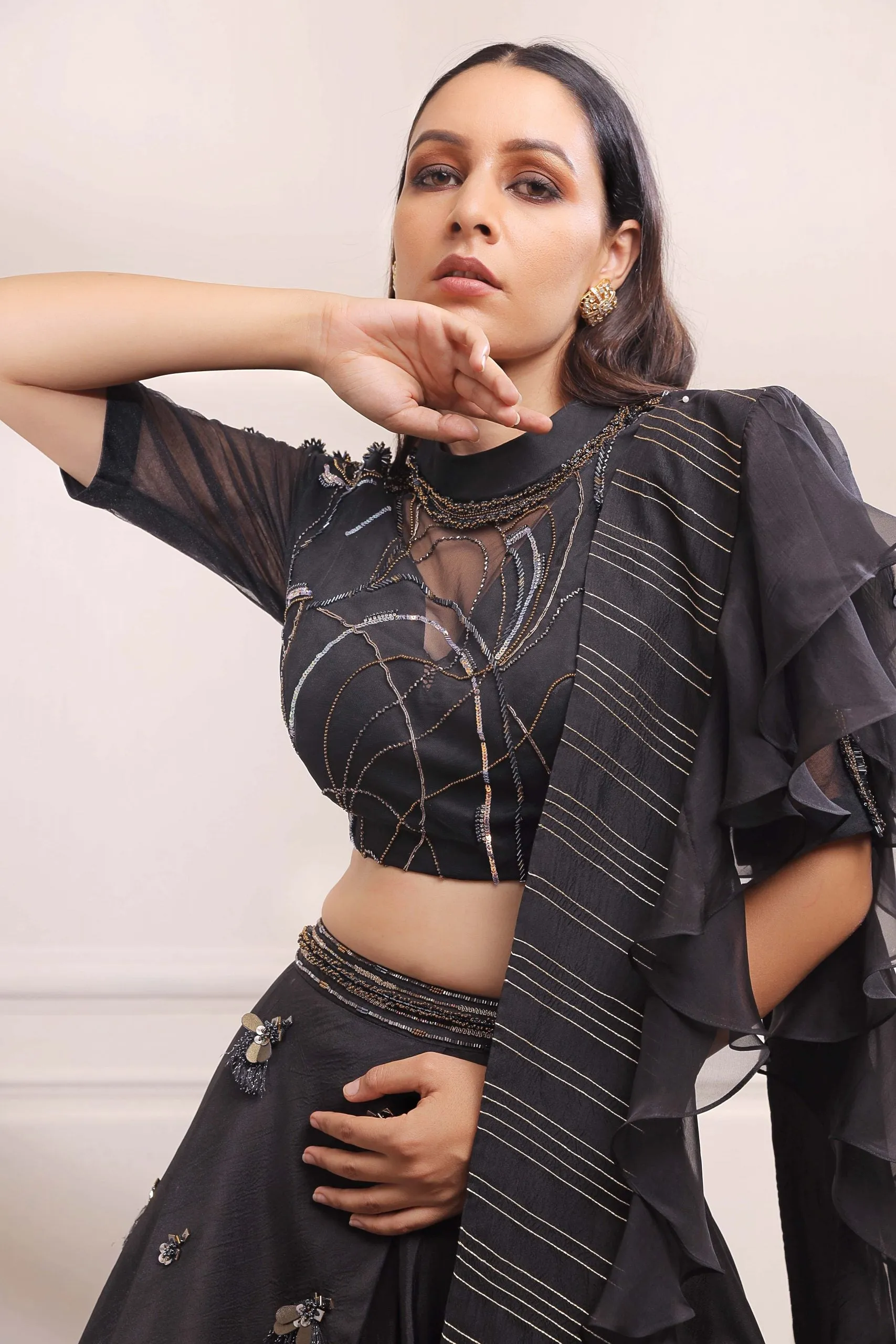 Black onyx layered lehenga set  with ruffle dupatta