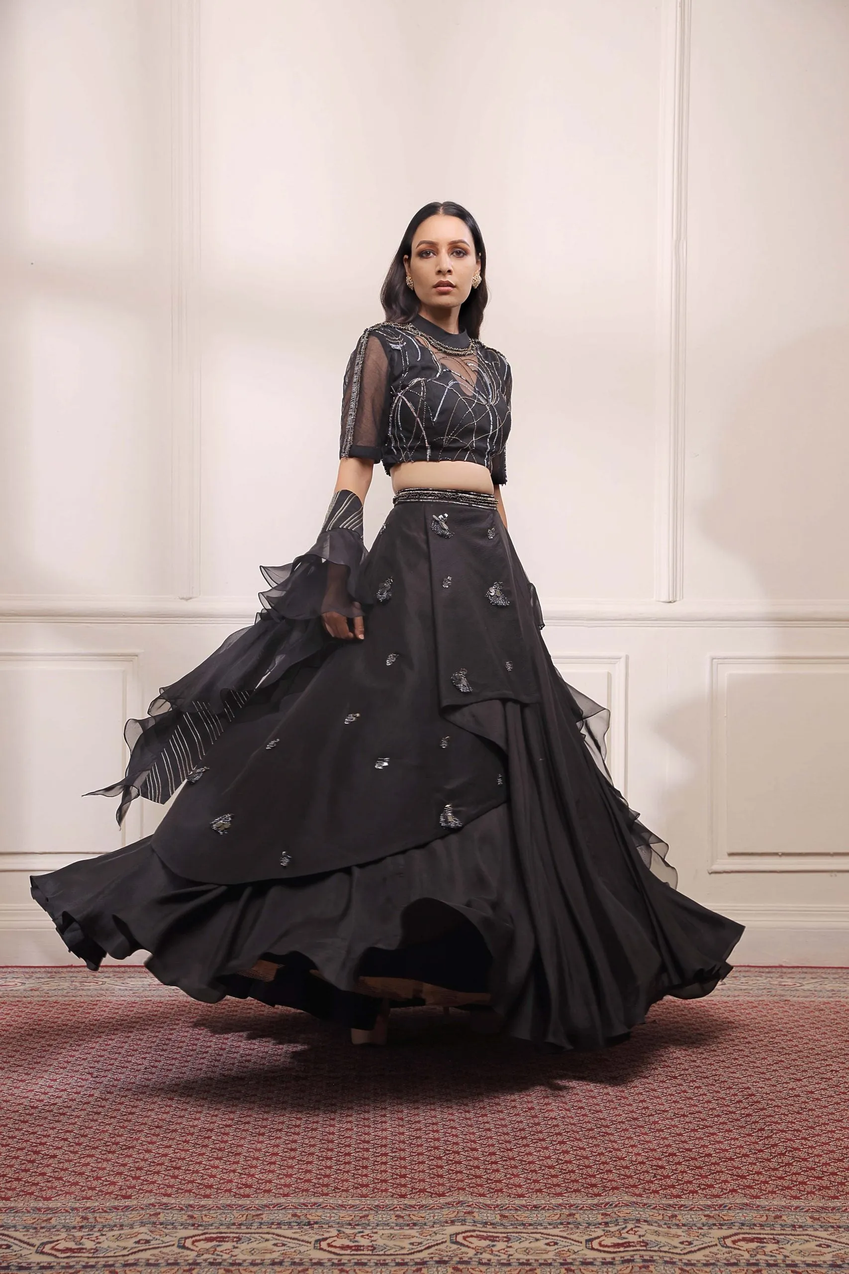 Black onyx layered lehenga set  with ruffle dupatta