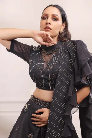 Black onyx layered lehenga set  with ruffle dupatta