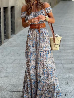 Blue Boho Paisley Print Off Shoulder Maxi Dress with Flared Silhouette