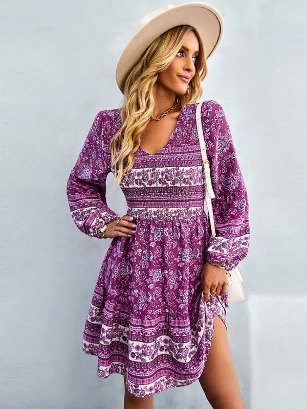 Bohemian Smocked Bodice Long Sleeve Dress for Fall Casuals