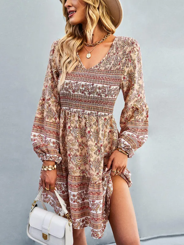 Bohemian Smocked Bodice Long Sleeve Dress for Fall Casuals