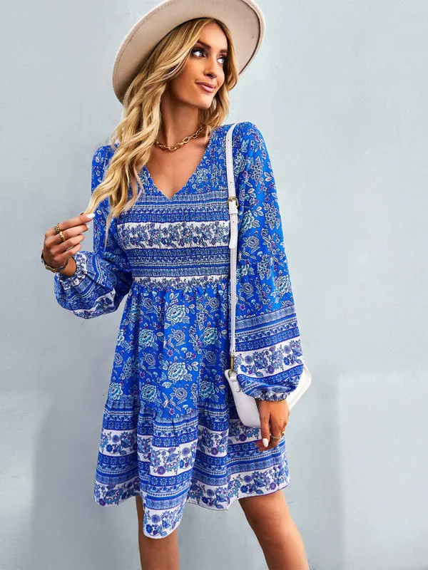 Bohemian Smocked Bodice Long Sleeve Dress for Fall Casuals