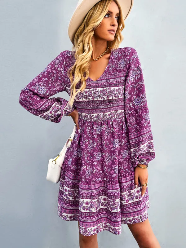 Bohemian Smocked Bodice Long Sleeve Dress for Fall Casuals
