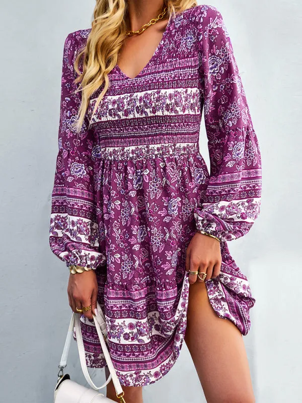 Bohemian Smocked Bodice Long Sleeve Dress for Fall Casuals