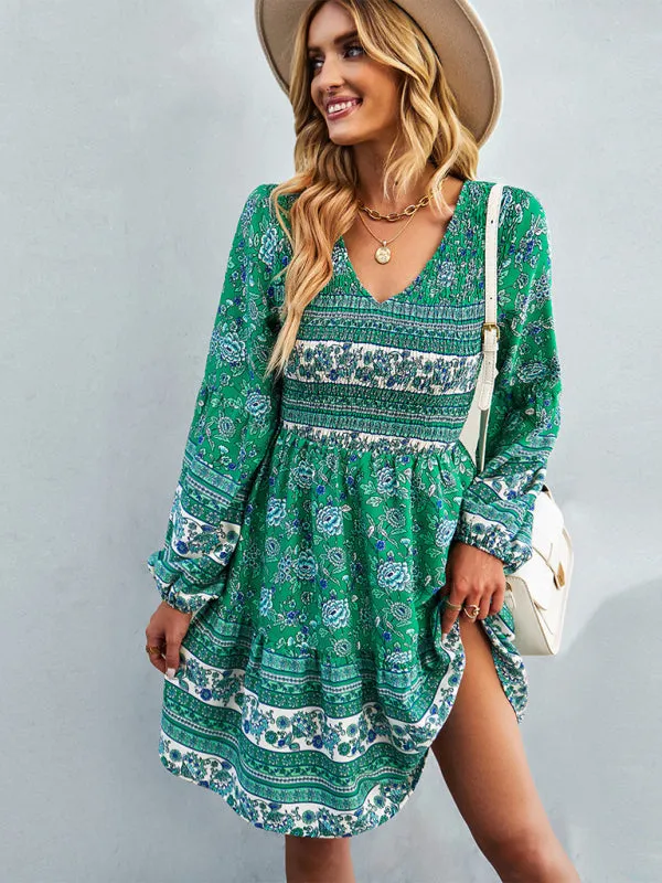 Bohemian Smocked Bodice Long Sleeve Dress for Fall Casuals