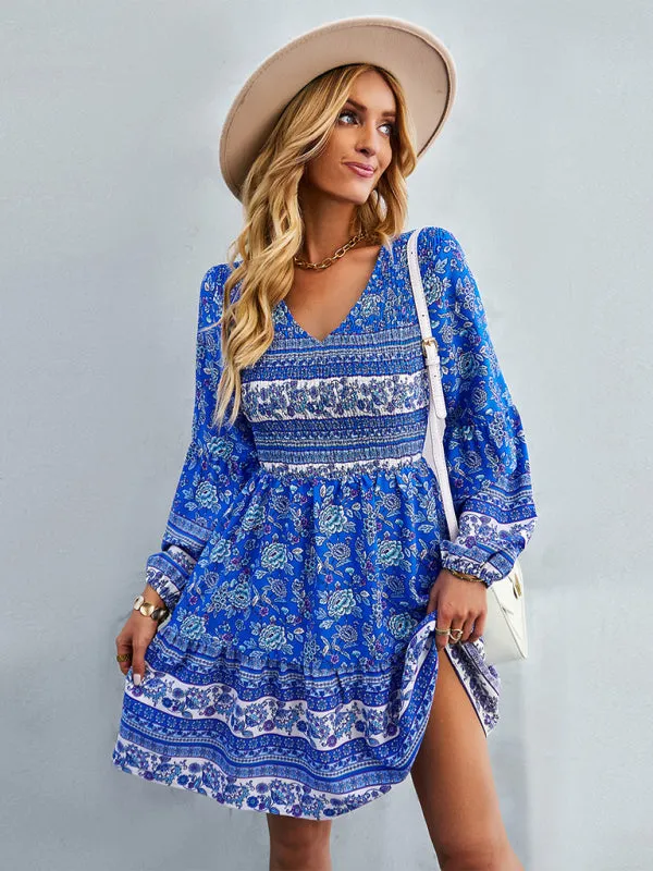 Bohemian Smocked Bodice Long Sleeve Dress for Fall Casuals
