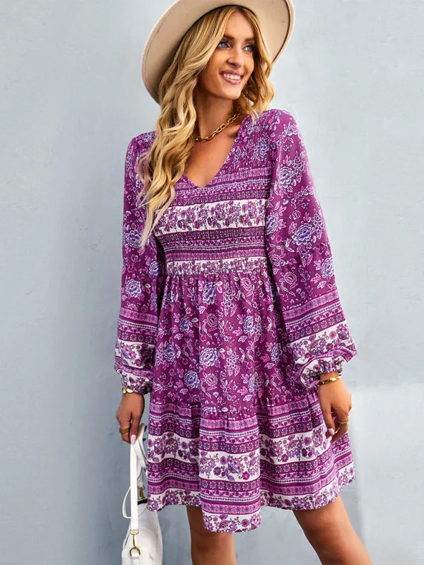 Bohemian Smocked Bodice Long Sleeve Dress for Fall Casuals