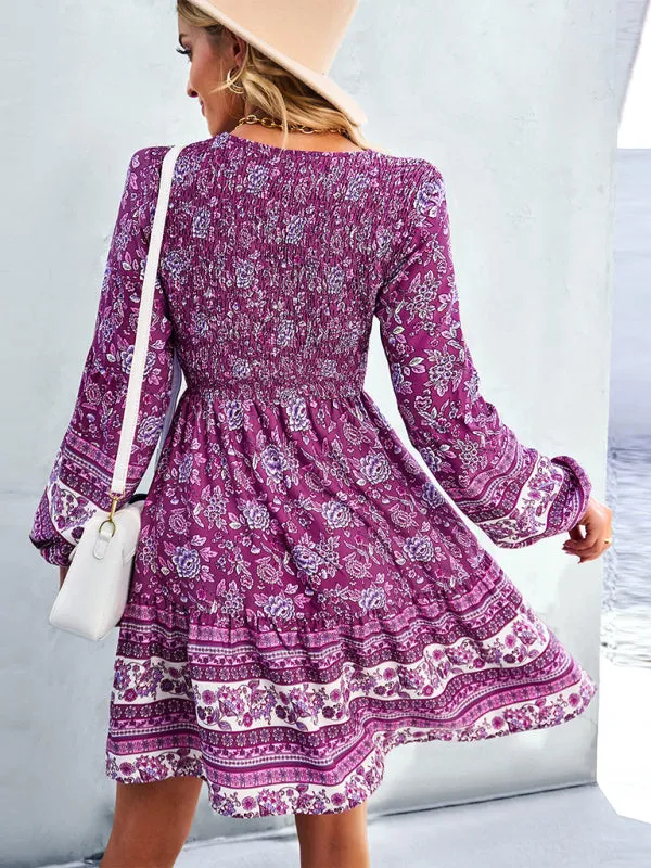Bohemian Smocked Bodice Long Sleeve Dress for Fall Casuals