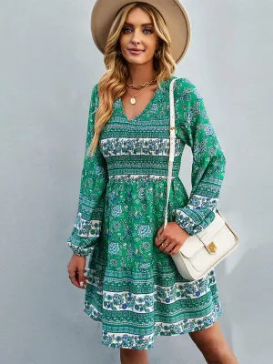 Bohemian Smocked Bodice Long Sleeve Dress for Fall Casuals