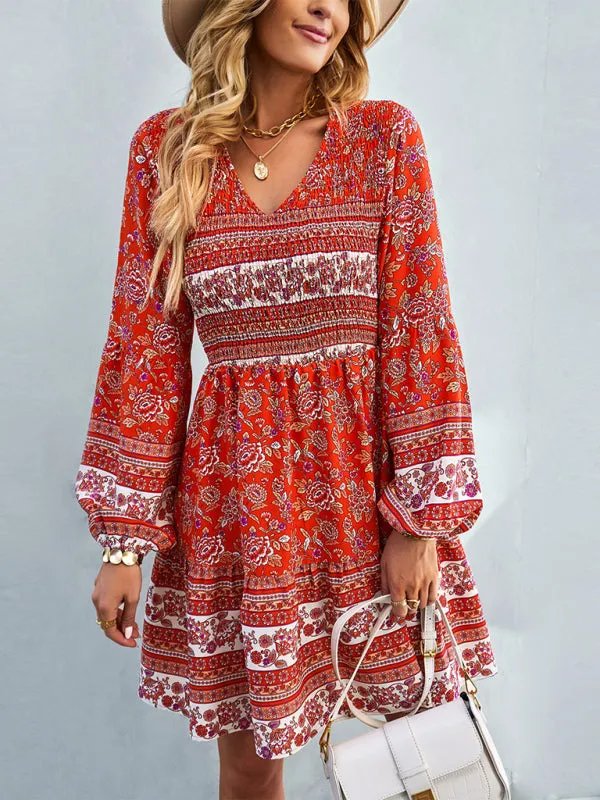 Bohemian Smocked Bodice Long Sleeve Dress for Fall Casuals