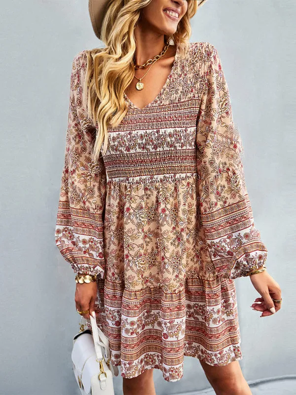Bohemian Smocked Bodice Long Sleeve Dress for Fall Casuals