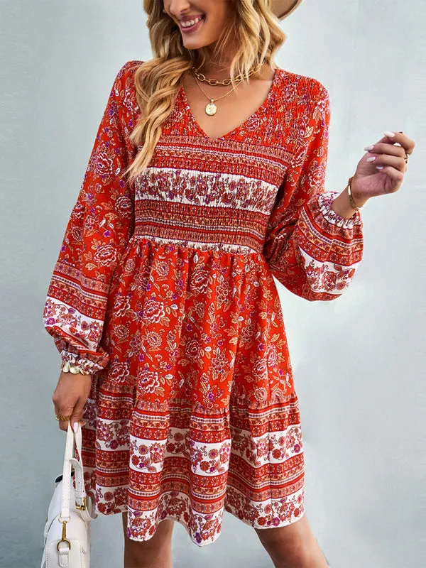Bohemian Smocked Bodice Long Sleeve Dress for Fall Casuals