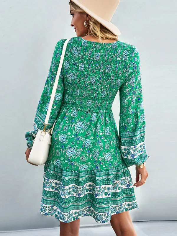 Bohemian Smocked Bodice Long Sleeve Dress for Fall Casuals