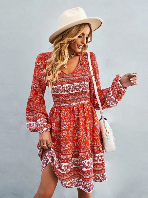 Bohemian Smocked Bodice Long Sleeve Dress for Fall Casuals