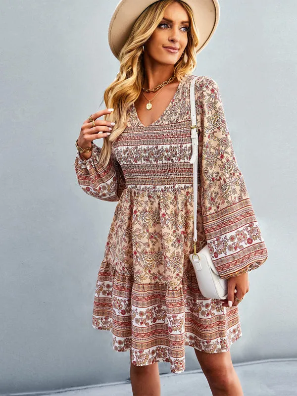 Bohemian Smocked Bodice Long Sleeve Dress for Fall Casuals