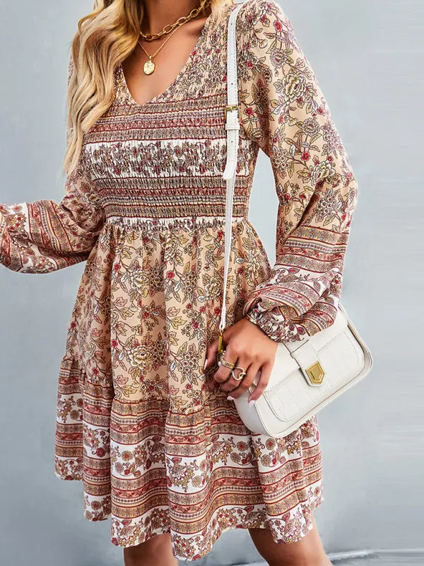 Bohemian Smocked Bodice Long Sleeve Dress for Fall Casuals