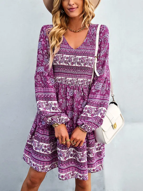 Bohemian Smocked Bodice Long Sleeve Dress for Fall Casuals