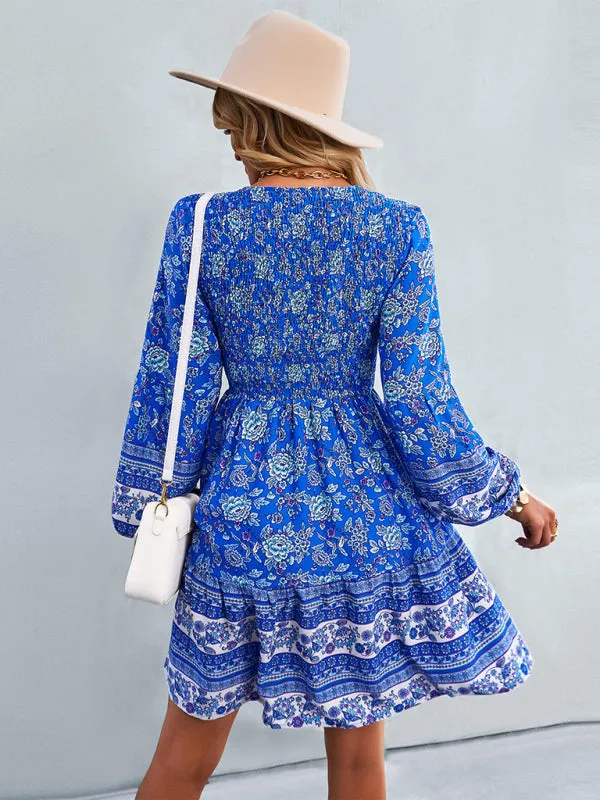 Bohemian Smocked Bodice Long Sleeve Dress for Fall Casuals