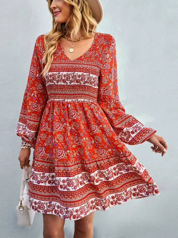 Bohemian Smocked Bodice Long Sleeve Dress for Fall Casuals