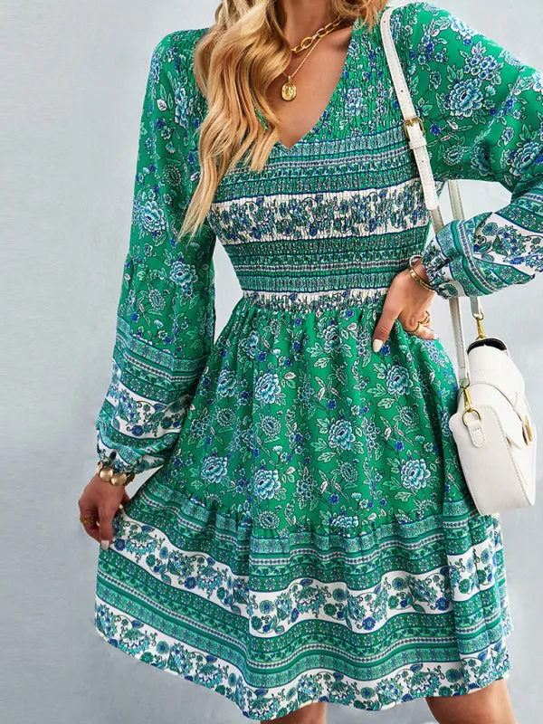 Bohemian Smocked Bodice Long Sleeve Dress for Fall Casuals