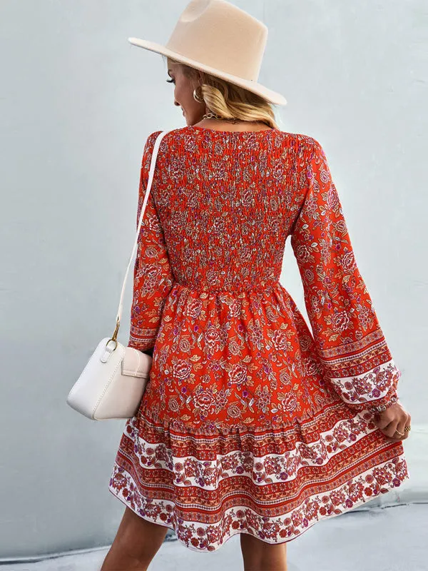 Bohemian Smocked Bodice Long Sleeve Dress for Fall Casuals