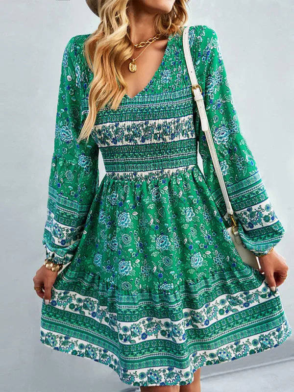 Bohemian Smocked Bodice Long Sleeve Dress for Fall Casuals