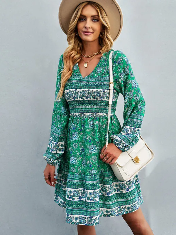 Bohemian Smocked Bodice Long Sleeve Dress for Fall Casuals