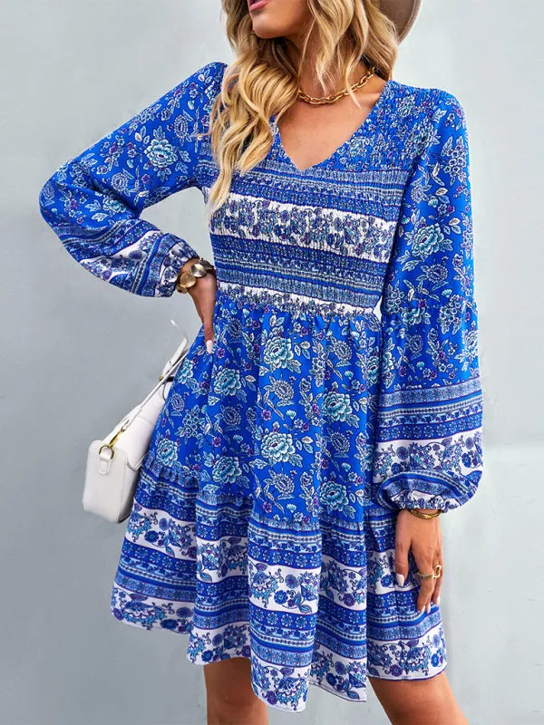 Bohemian Smocked Bodice Long Sleeve Dress for Fall Casuals