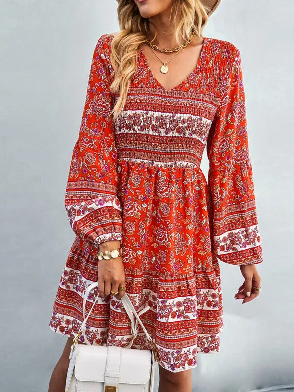 Bohemian Smocked Bodice Long Sleeve Dress for Fall Casuals