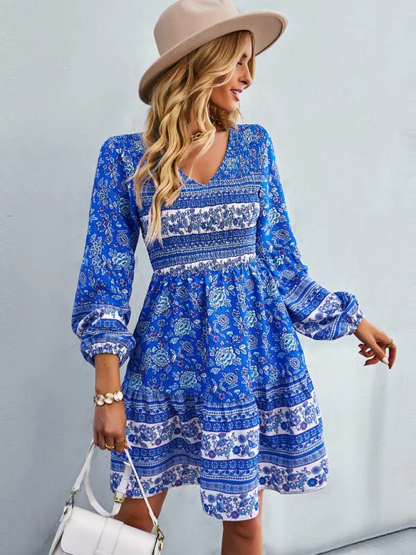 Bohemian Smocked Bodice Long Sleeve Dress for Fall Casuals