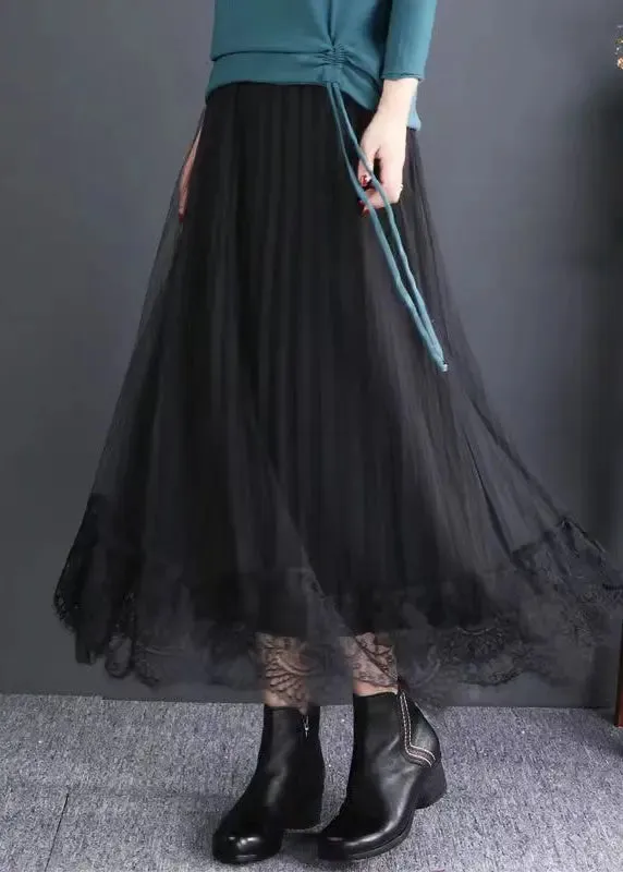 Chic Black Elastic Waist Lace Patchwork Tulle Skirts Fall ML0833