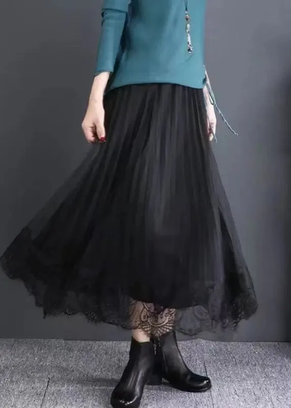 Chic Black Elastic Waist Lace Patchwork Tulle Skirts Fall ML0833