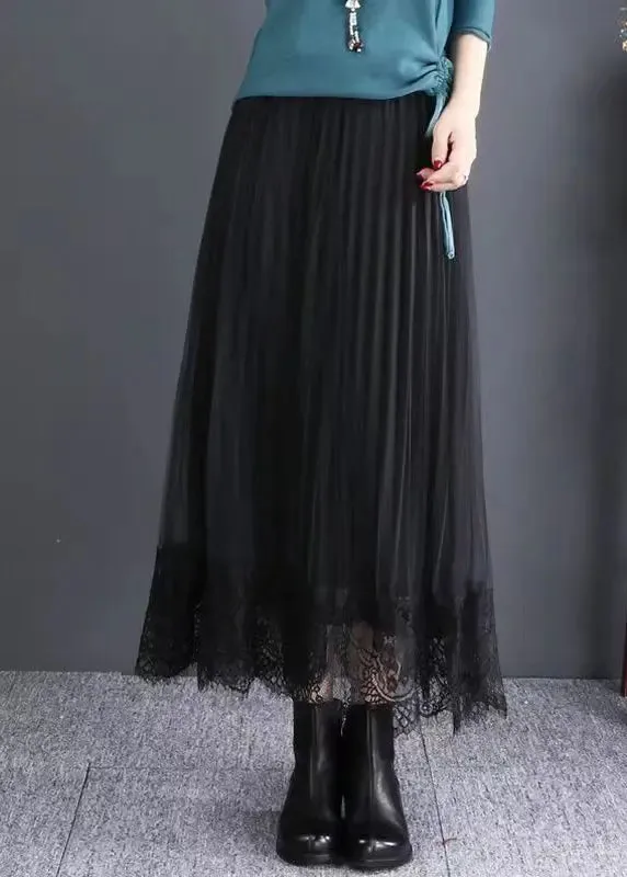 Chic Black Elastic Waist Lace Patchwork Tulle Skirts Fall ML0833