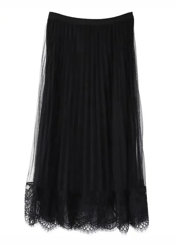 Chic Black Elastic Waist Lace Patchwork Tulle Skirts Fall ML0833