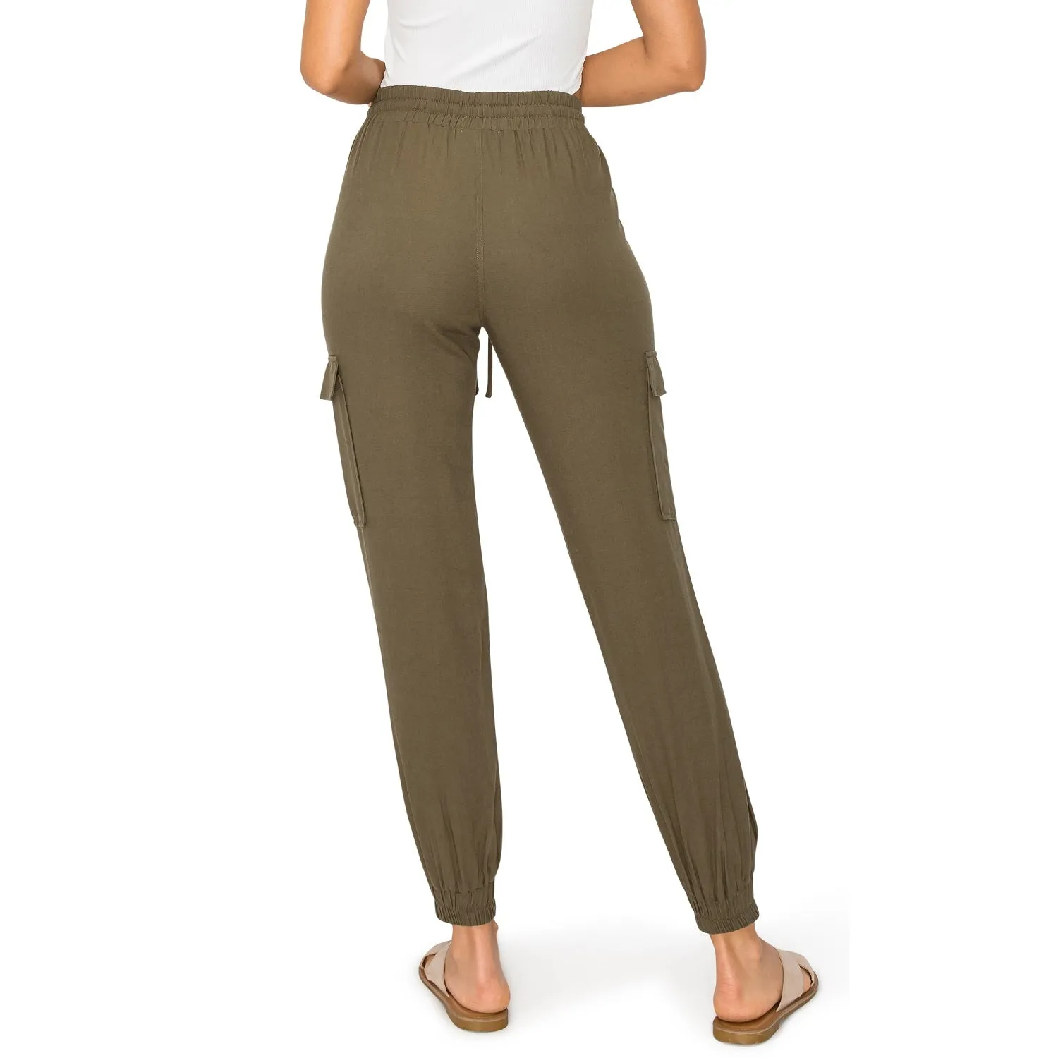 Drawstring Waist Linen Cargo Jogger Pants - Olive