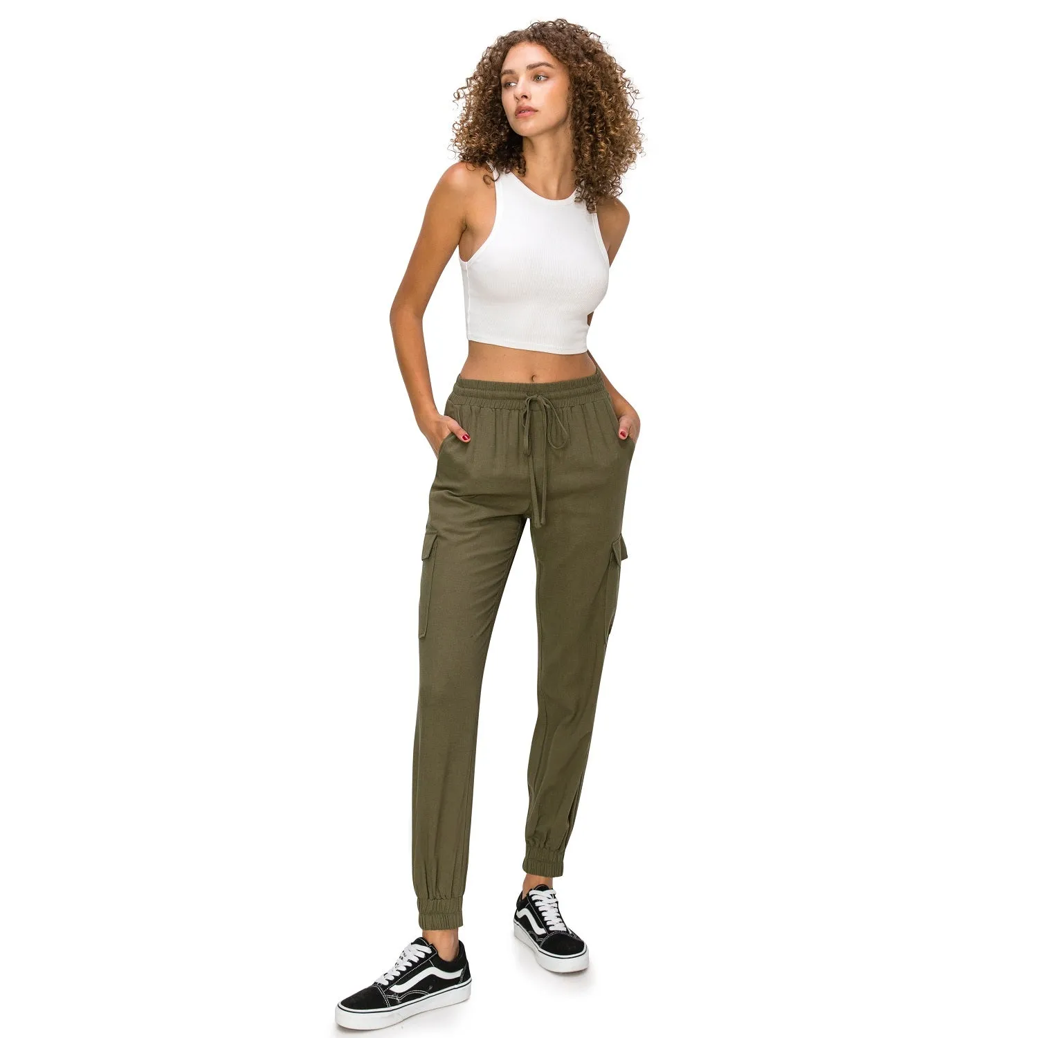 Drawstring Waist Linen Cargo Jogger Pants - Olive