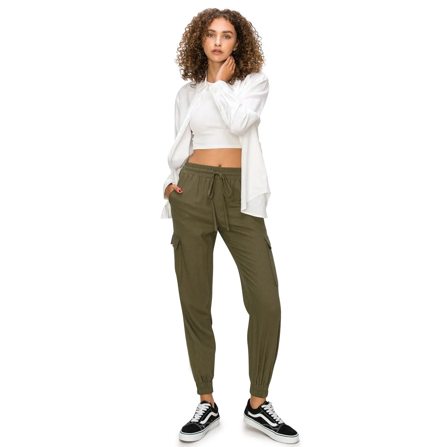 Drawstring Waist Linen Cargo Jogger Pants - Olive